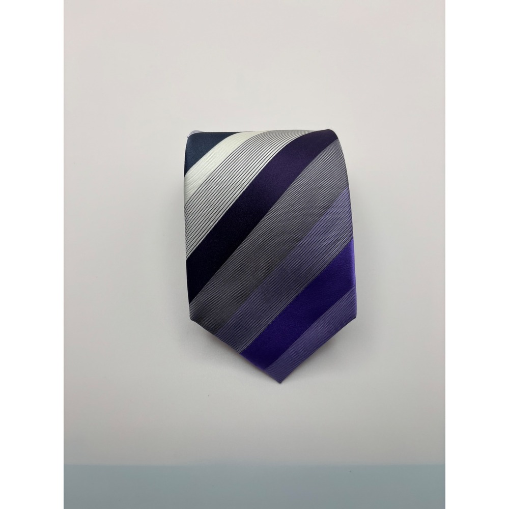 Kenneth Cole Reaction Mens Silk Necktie Purple Grey Navy Blue Striped Formal Tie